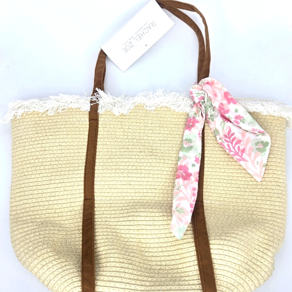 NWT Rachel Zoe Bohemian Woven Raffia Fringe beach Tote Bag Tan Pink Floral bow